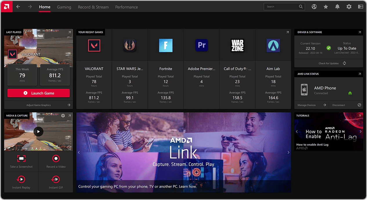 Screenshot van de AMD Adrenalin-software, welke Radeon-kaarten en AMD-chipsets up-to-date houdt op Windows-apparaten.