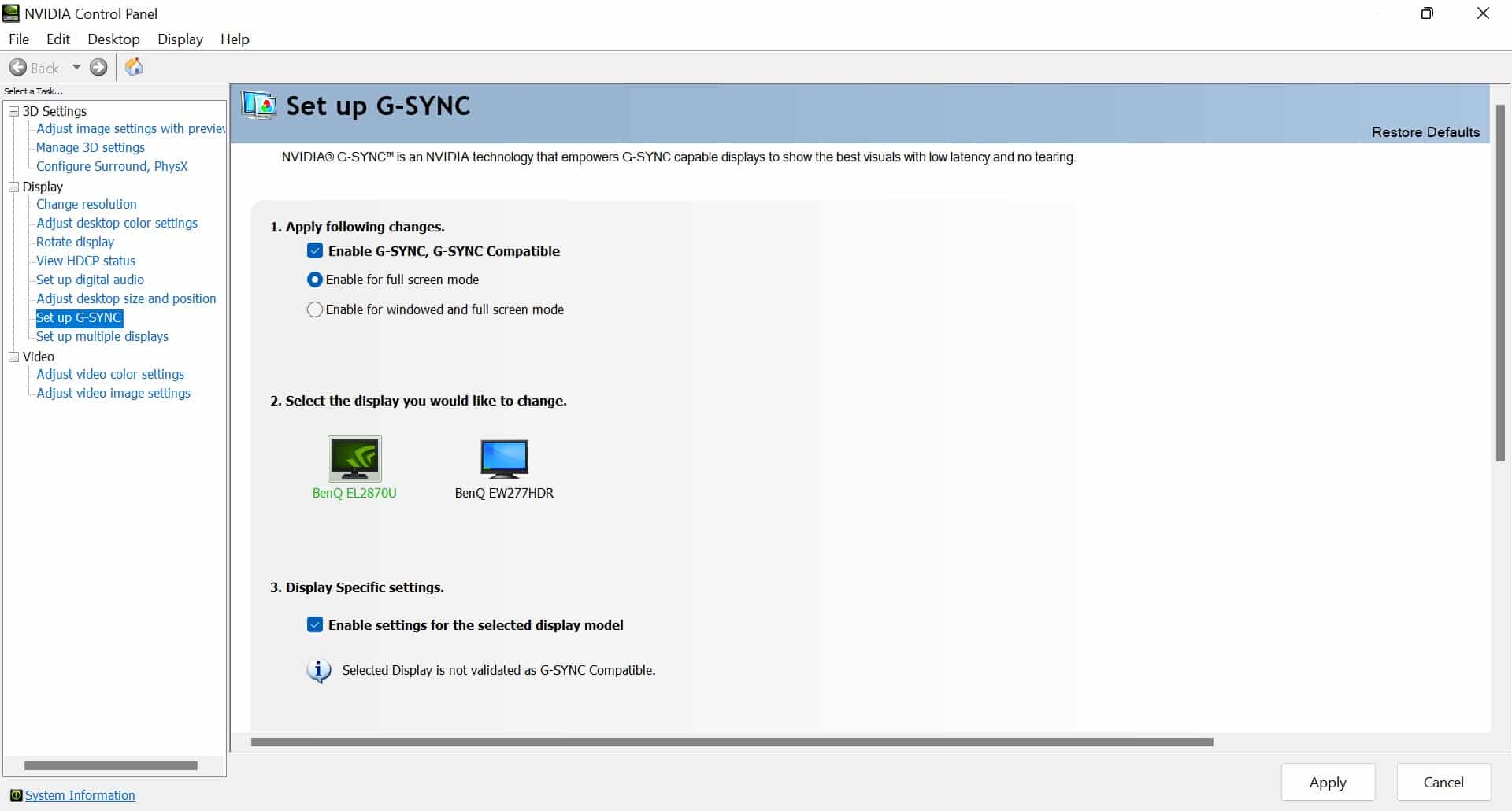 Het G-Sync-overzicht in het NVIDIA Control Panel, waarop een FreeSync-monitor ook aangevinkt kan worden.