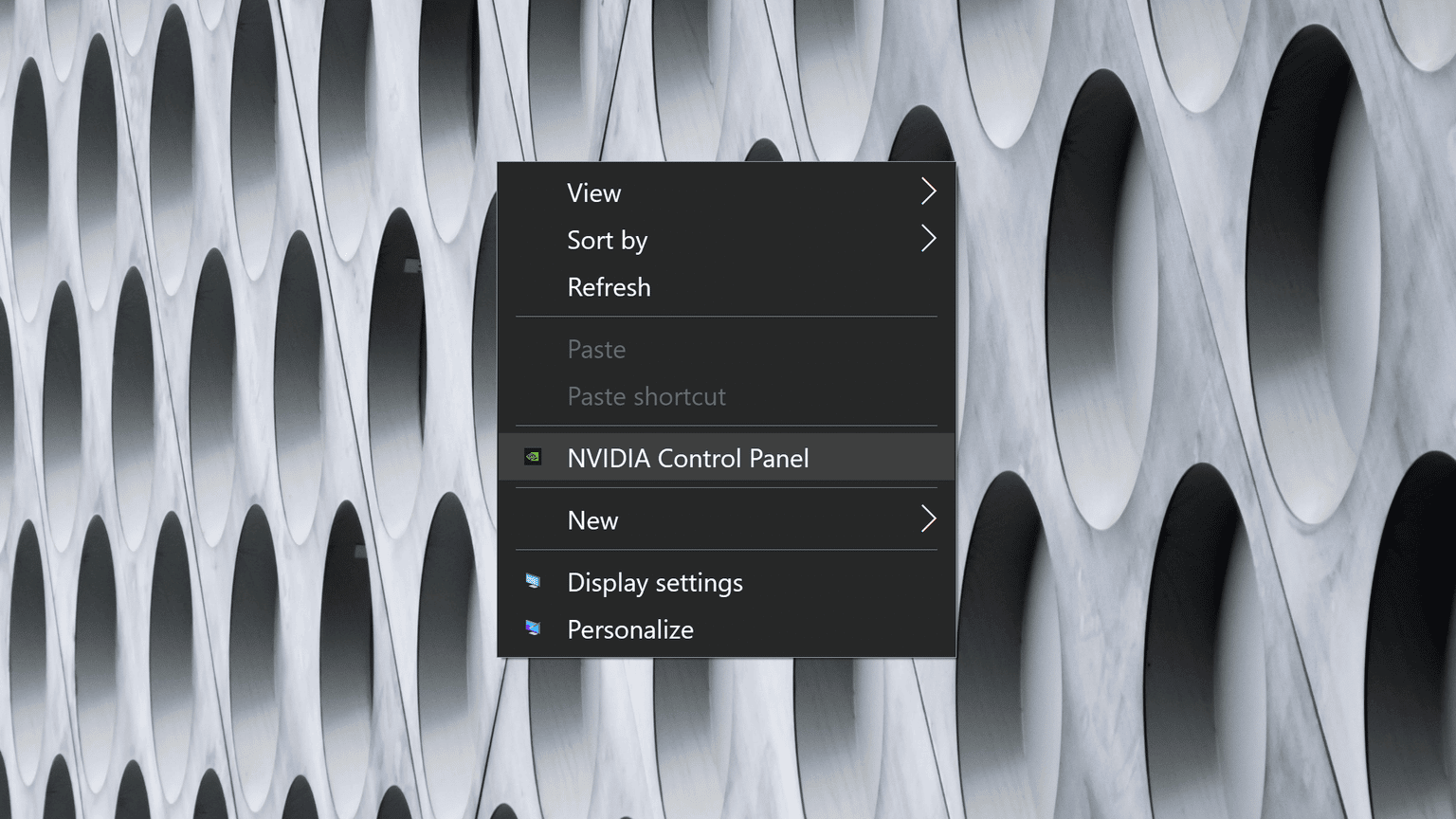 Het drop-down-menu van een rechtermuisknop op een Windows-desktop, met daarop het NVIDIA Control Panel.