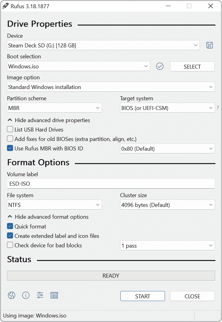 Screenshot van de Rufus-interface, waarbij een iso-bestand van Windows wordt geprepareerd om via een microSD-kaart op de Steam Deck te installeren.